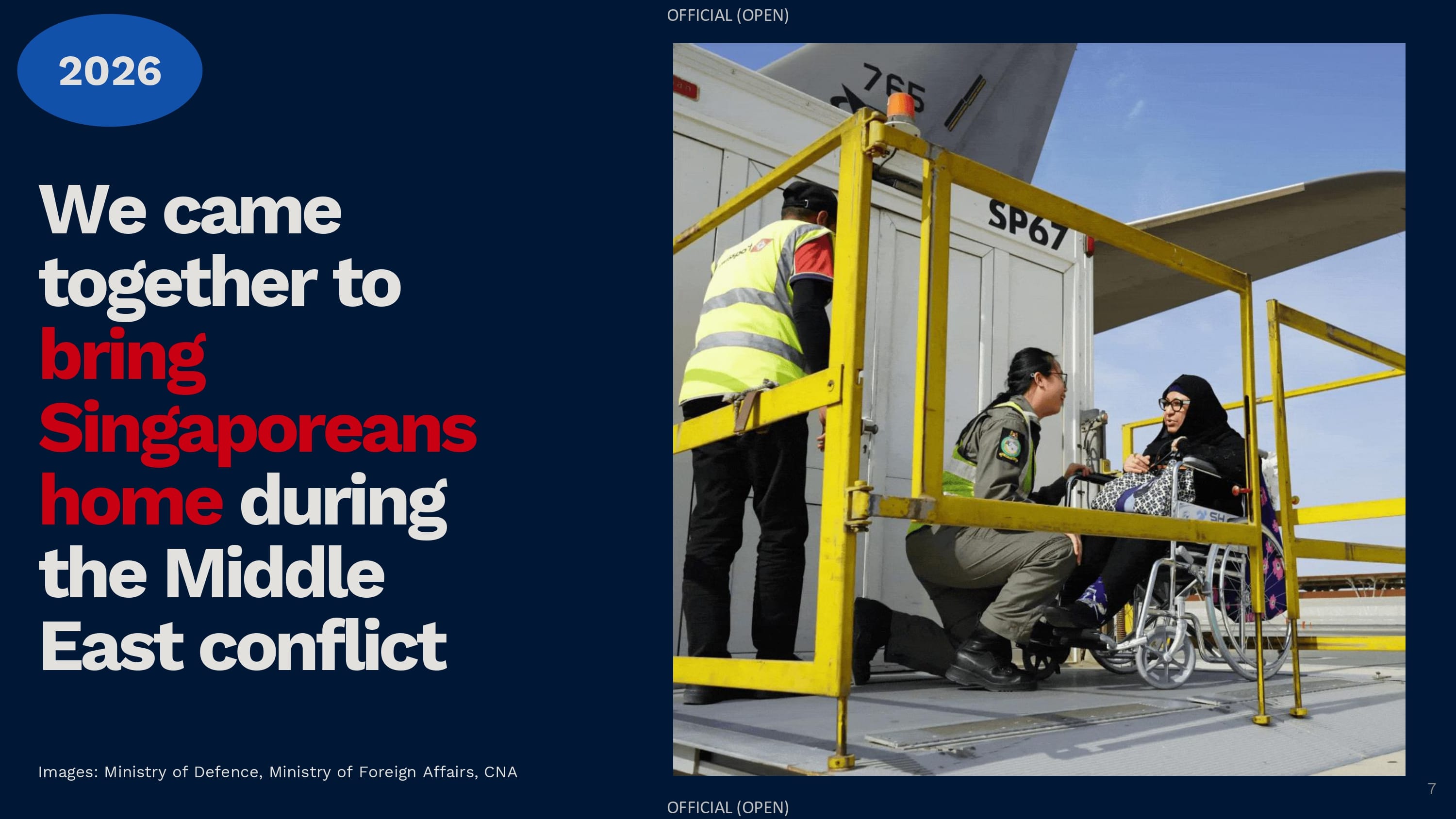 Slide titled "2026: We came together to bring Singaporeans home during the Middle East conflict" with a photo of an evacuation operation.